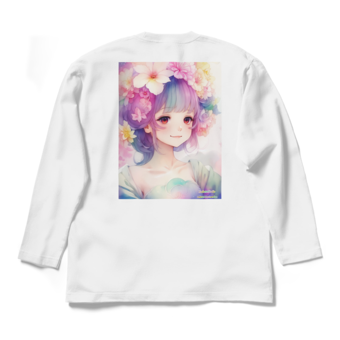 (背面プリント)「夢見る瞳5」長袖カラーTシャツ - L - ホワイト