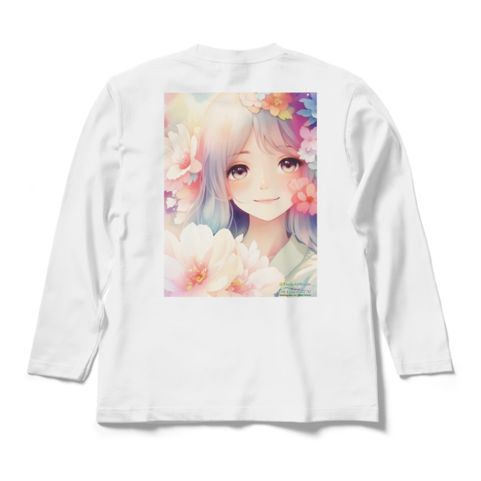 (背面プリント)「夢見る瞳2」長袖カラーTシャツ - M - ホワイト