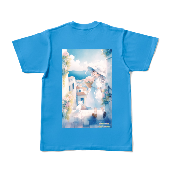 (背面プリント-枠無し) 「海辺の町で」カラーTシャツ - S - ターコイズ (濃色)