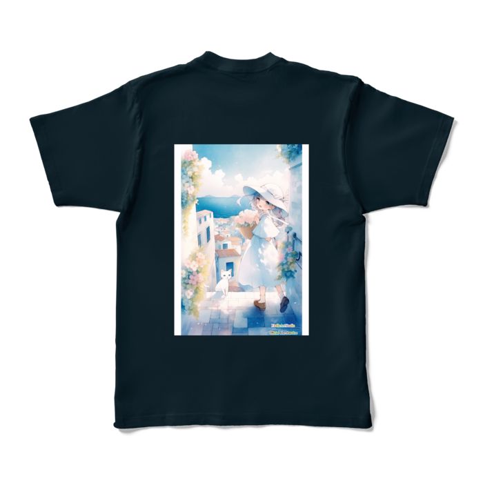 (背面プリント-枠有り) 「海辺の町で」カラーTシャツ - XL - ネイビー (濃色)