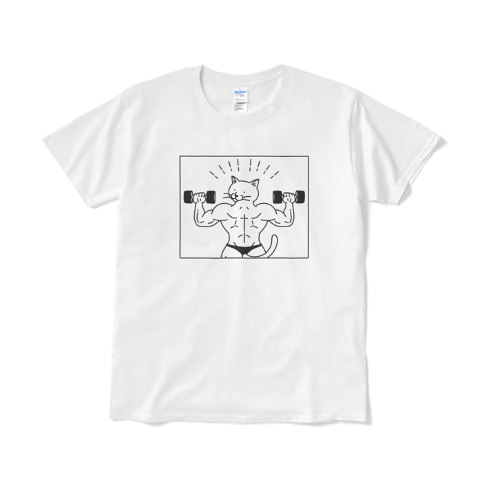 ムキムキねこ振り向きTシャツ(短納期) - L - ホワイト