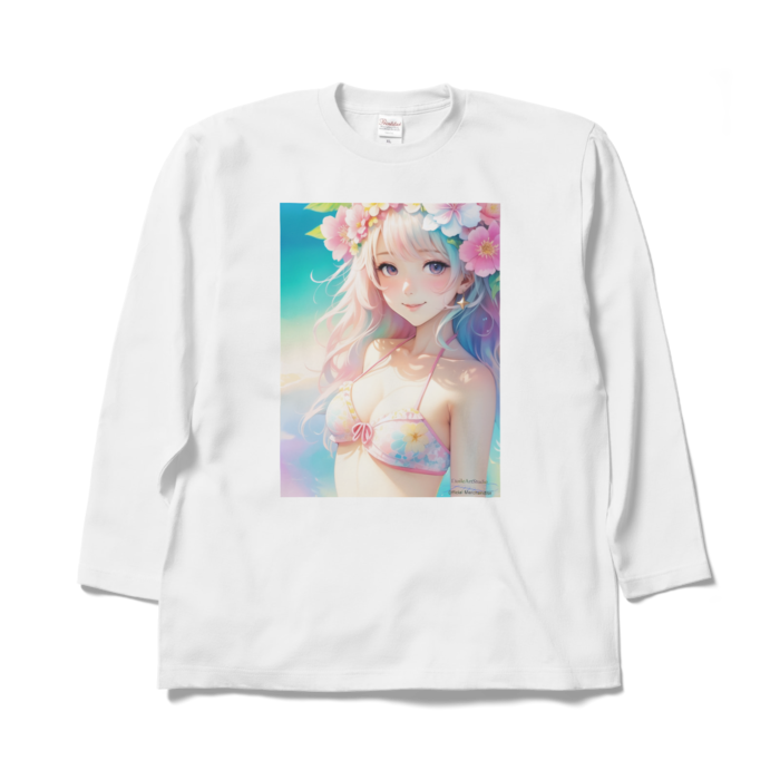 (前面プリント)「夢見る瞳4」長袖カラーTシャツ - XL - ホワイト