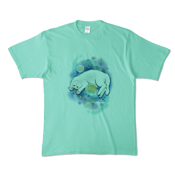 カラーTシャツ-水彩玉と白猫 - XL - アイスグリーン (淡色)