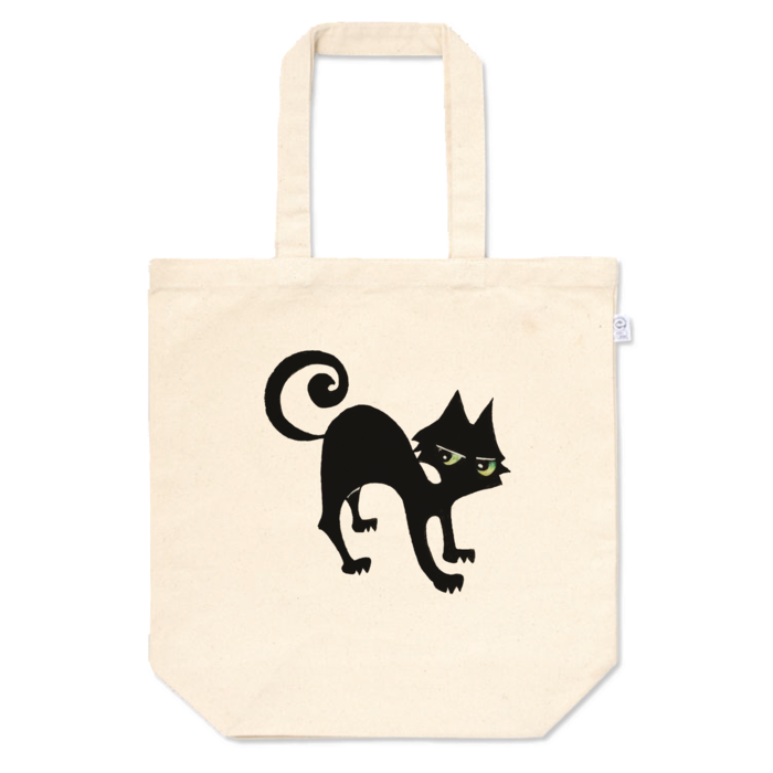 抜染 ムラ織 ブラックデニム 竹ハンドル 巾着バッグ［黒猫
