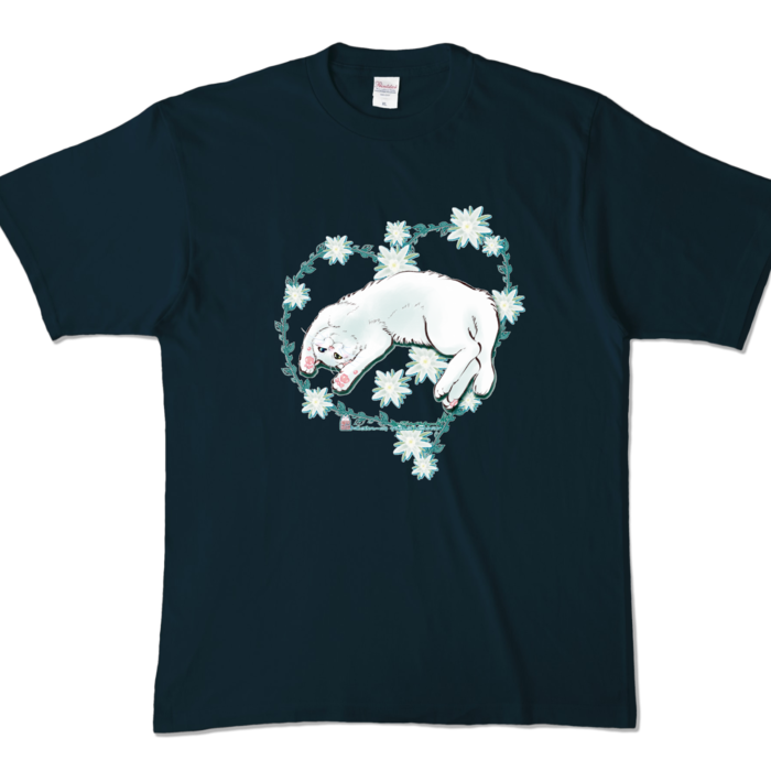 カラーTシャツ-花と蔓とゴロン白猫 - XL - ネイビー (濃色)
