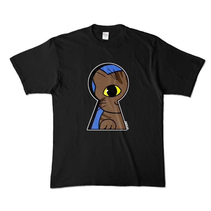 覗く猫B☆青 Tシャツ - XL - ブラック