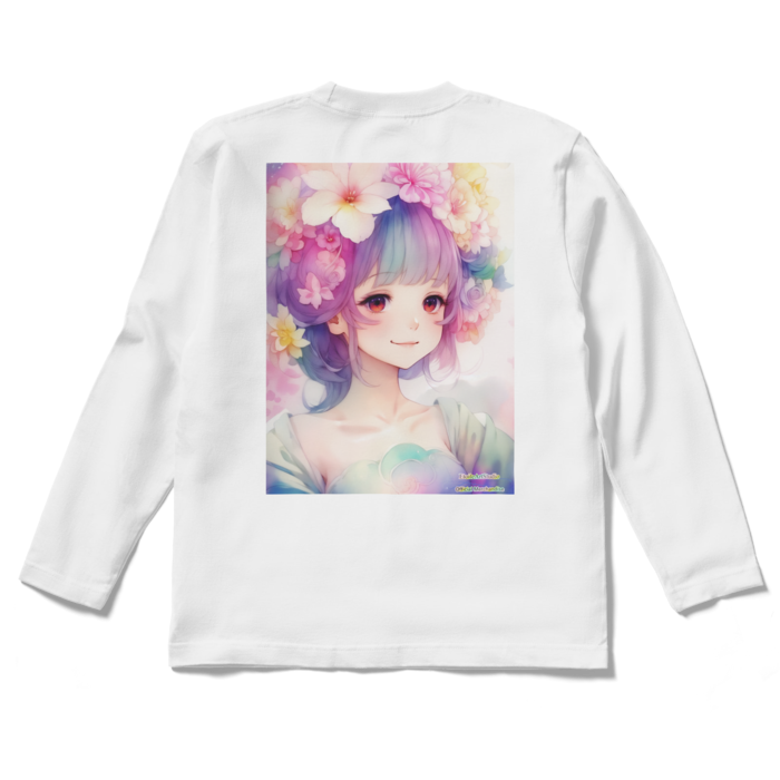 (背面プリント)「夢見る瞳5」長袖カラーTシャツ - S - ホワイト