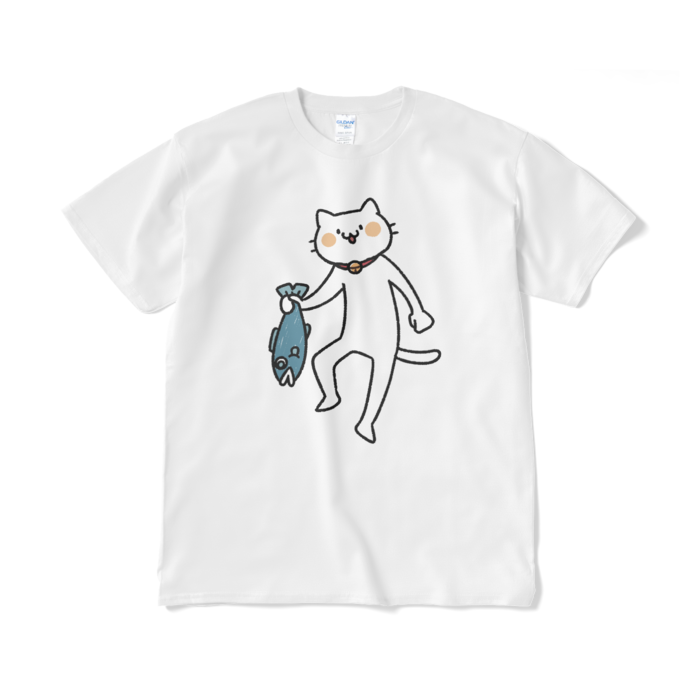 【デカねこ】魚を持ち帰る猫（大プリント／カラー）Tシャツ - XL - ホワイト