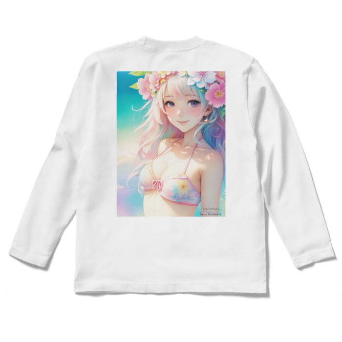 (背面プリント)「夢見る瞳4」長袖カラーTシャツ - S - ホワイト