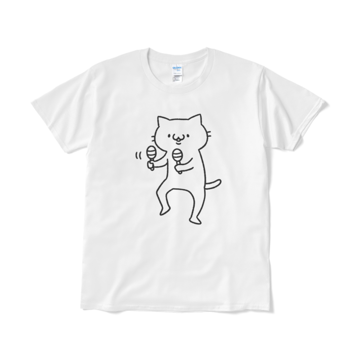 【デカねこ】マラカスねこ（大プリント／線画）Tシャツ - L - ホワイト