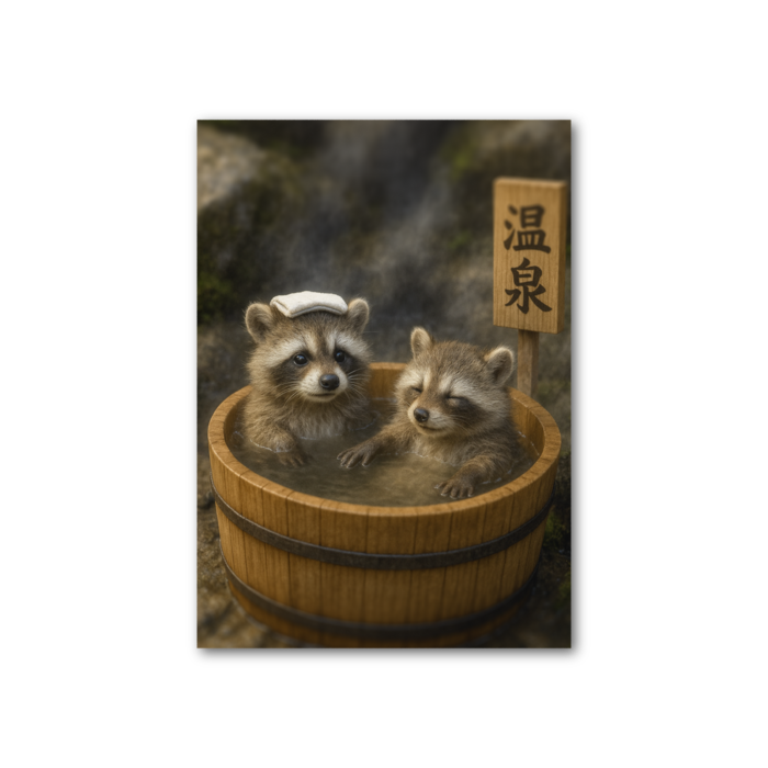ひのき風呂でくつろぐアライグマたち　フォト風カード - 縦 - 片面(1)