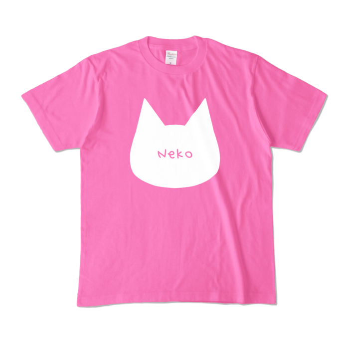 ピンク】シンプルでかわいい猫柄Tシャツ 白猫 男女兼用