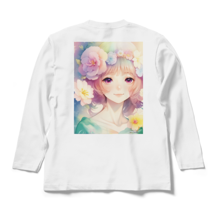 (背面プリント)「夢見る瞳」長袖カラーTシャツ - M - ホワイト