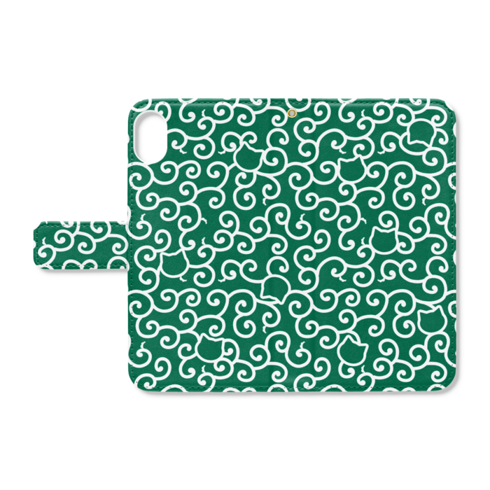 唐草模様の中に猫が隠れてる 和風猫柄手帳型iphoneケース 緑 猫雑貨meru Mugi Booth