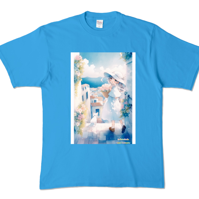 (両面プリント-枠有り) 「海辺の町で」カラーTシャツ - XL - ターコイズ (濃色)