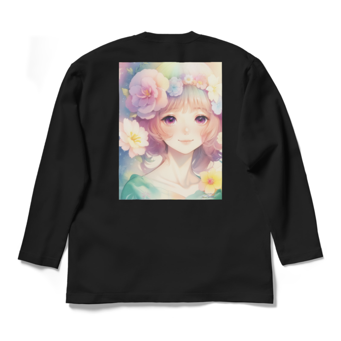 (背面プリント)「夢見る瞳」長袖カラーTシャツ - L - ブラック