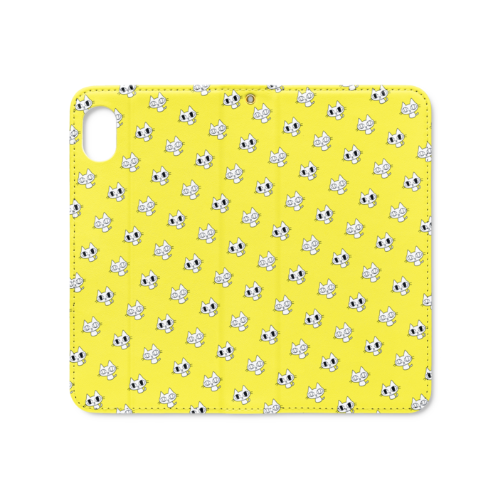 ガン見ねこ手帳型iPhoneケース黄（ベルトなし） - iPhone XR - ストラップ穴 あり