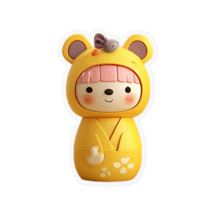 こけしちゃんステッカー（黄花）100㎜×100㎜