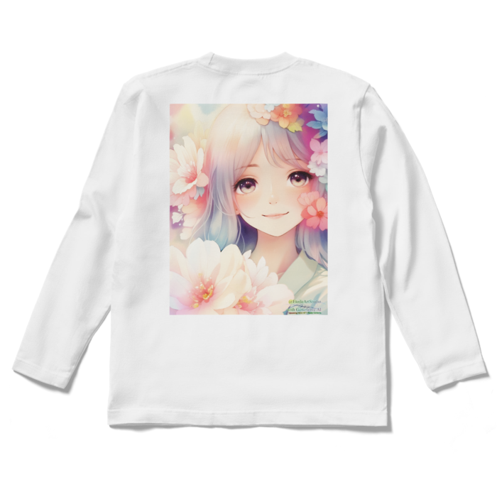 (背面プリント)「夢見る瞳2」長袖カラーTシャツ - S - ホワイト