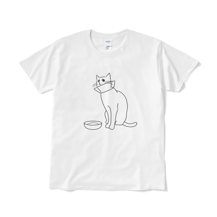 エリザベスカラーを付けた猫(文字なし)のTシャツ（短納期） - L - ホワイト