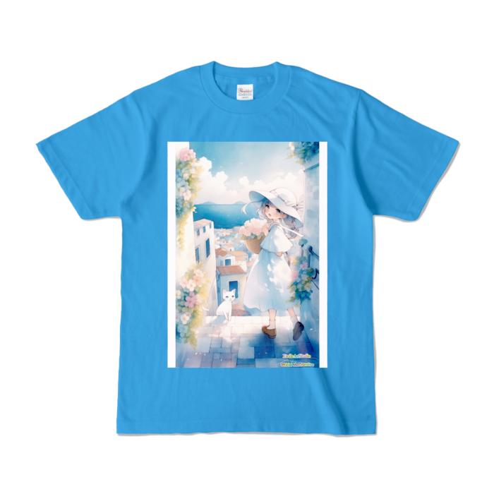 (前面プリント-枠有り) 「海辺の町で」カラーTシャツ - S - ターコイズ (濃色)