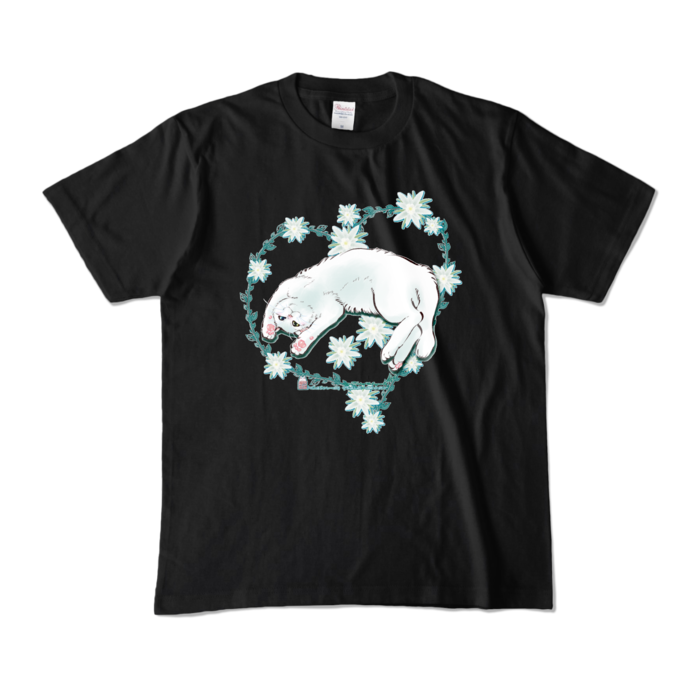 カラーTシャツ-花と蔓とゴロン白猫 - M - ブラック (濃色)