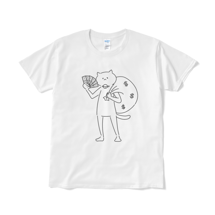 【デカねこ】お金大好きな猫のTシャツ（短納期） - L - ホワイト
