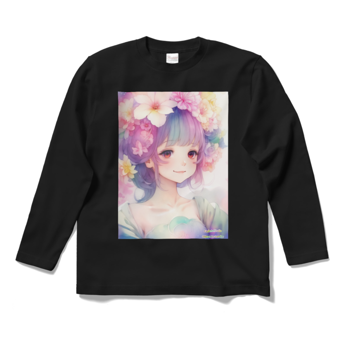 (前面プリント)「夢見る瞳5」長袖カラーTシャツ - S - ブラック