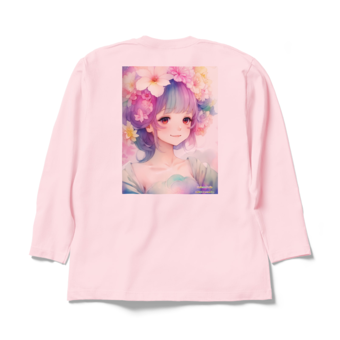 (背面プリント)「夢見る瞳5」長袖カラーTシャツ - XL - ライトピンク