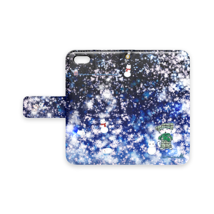 手帳型iPhoneケース -雪結晶と冬服白猫 iPhone 5 / 5s / SE - ストラップ穴 あり(1)
