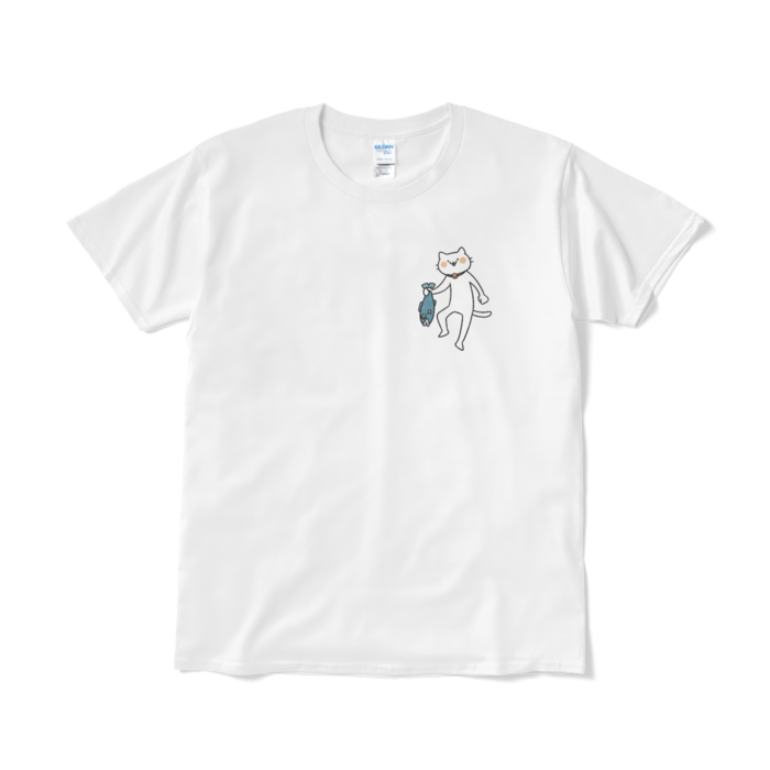 魚を持ち帰る猫（小プリント／カラー）Tシャツ - L - ホワイト