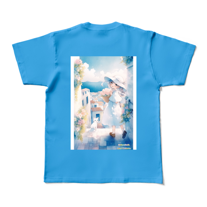 (背面プリント-枠有り) 「海辺の町で」カラーTシャツ - M - ターコイズ (濃色)