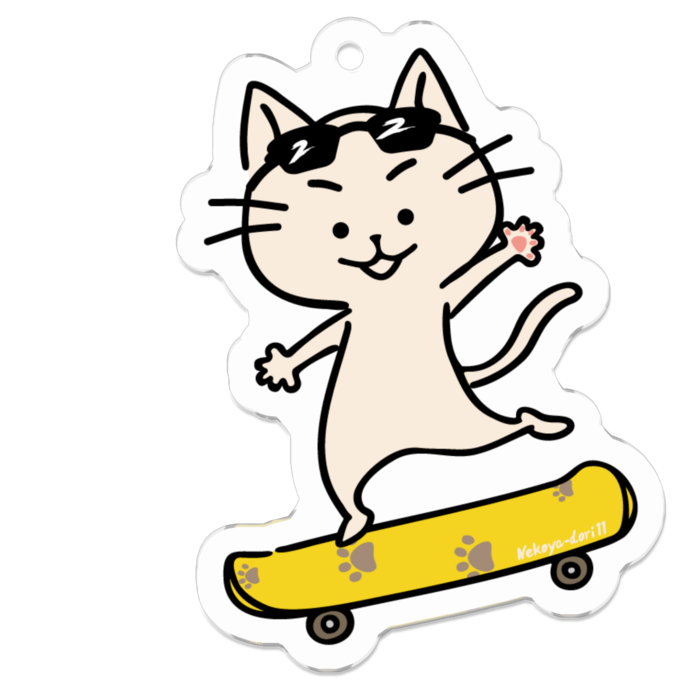 白ネコのアクリルキーホルダー(スケートボード)A - 50 x 50 (mm)