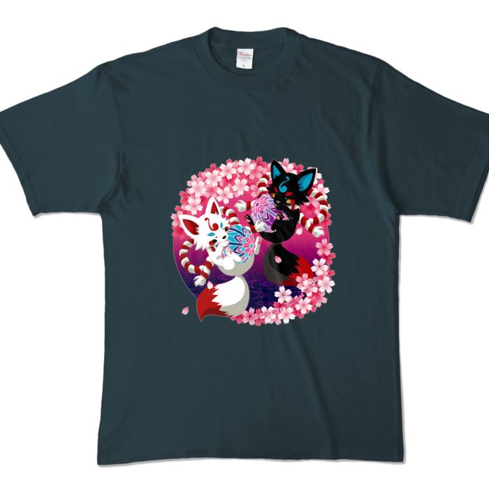 妖狐と桜　カラーTシャツ - XL - デニム (濃色)