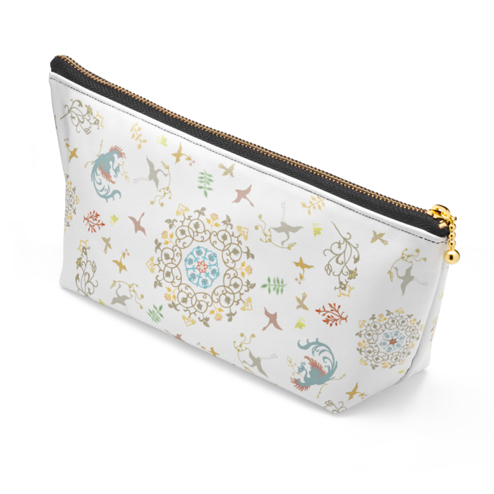 正倉院柄ポーチ - 白、ファスナー黒