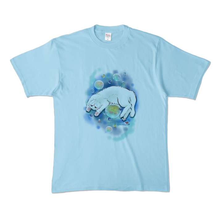 カラーTシャツ-水彩玉と白猫 - XL - ライトブルー (淡色)