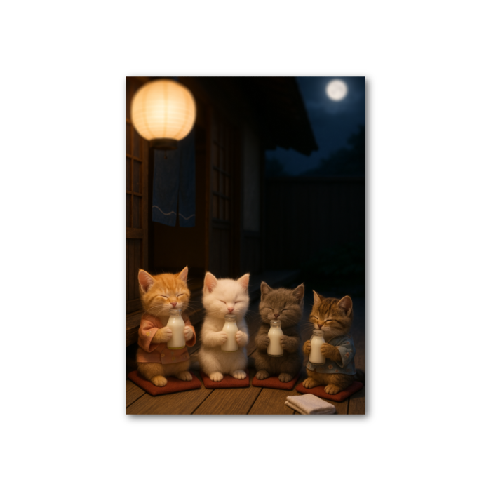 夜風の中で牛乳を飲む猫たち　フォト風カード - 縦 - 片面(6)