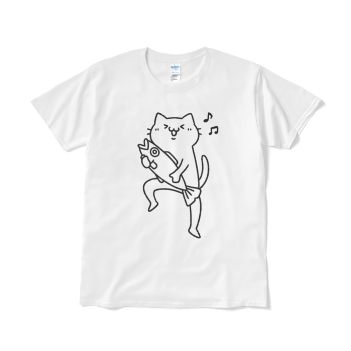 【デカねこ】魚をゲットして嬉しい猫（大プリント／線画）Tシャツ - L - ホワイト