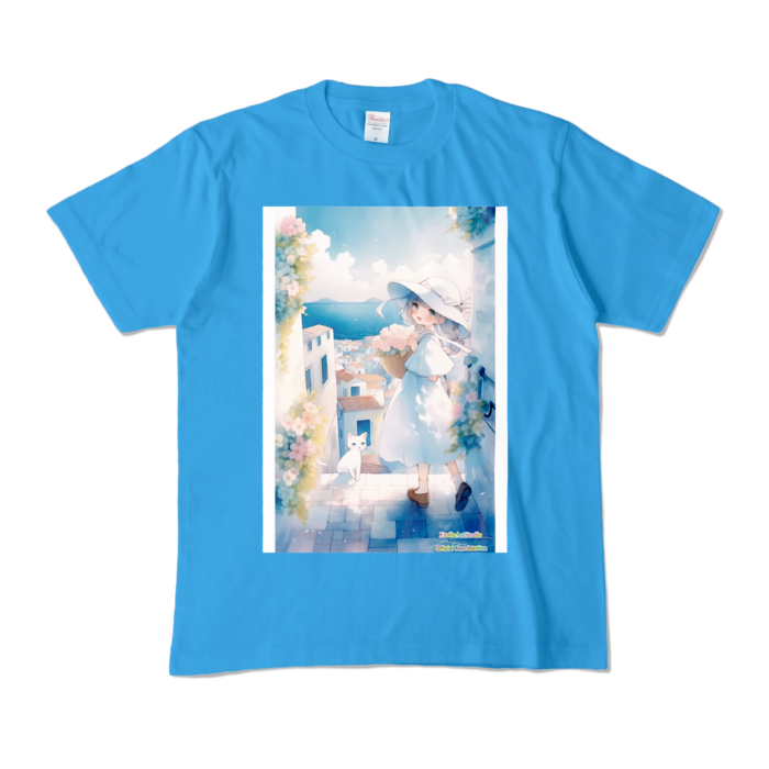 (両面プリント-枠有り) 「海辺の町で」カラーTシャツ - M - ターコイズ (濃色)