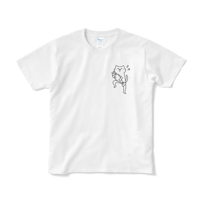 魚をゲットして嬉しい猫（小プリント／線画）Tシャツ - S - ホワイト