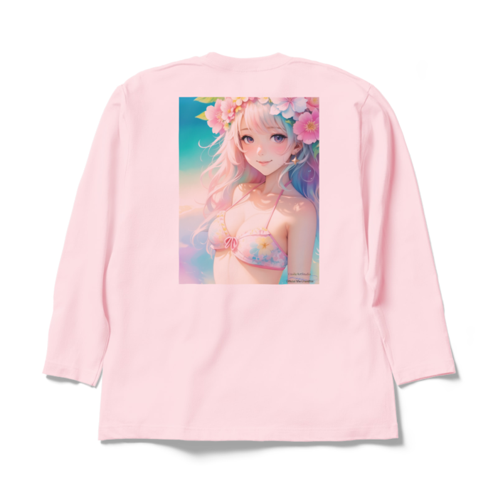 (背面プリント)「夢見る瞳4」長袖カラーTシャツ - XL - ライトピンク