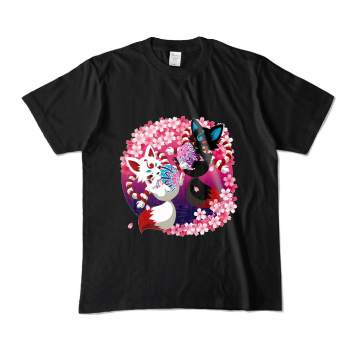 妖狐と桜　カラーTシャツ - M - ブラック (濃色)
