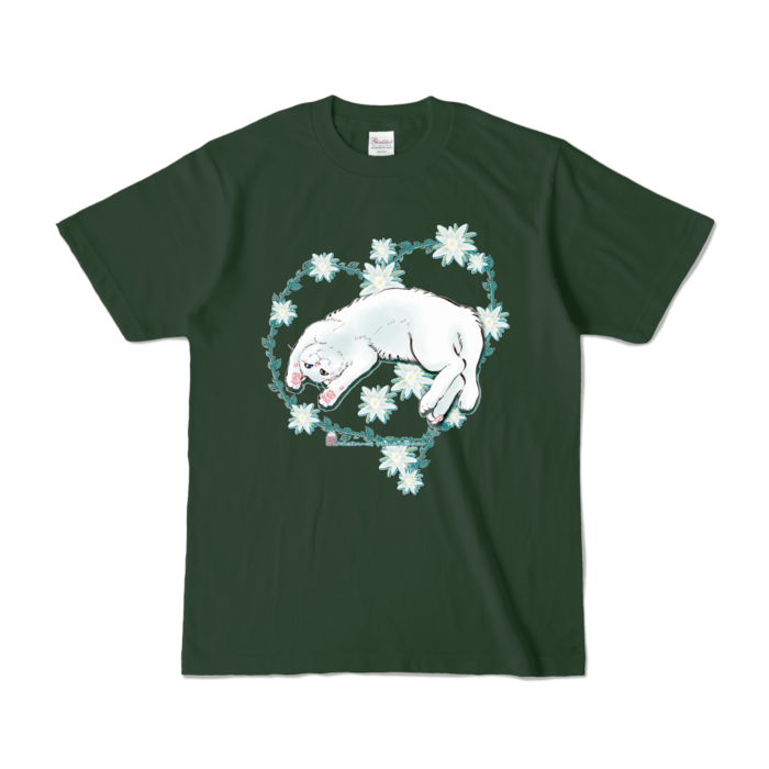 カラーTシャツ-花と蔓とゴロン白猫 - S - フォレスト (濃色)