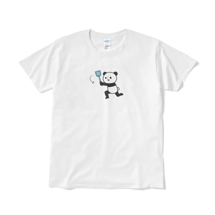 ハエを追い回すパンダ（小プリント／カラー）Tシャツ - L - ホワイト