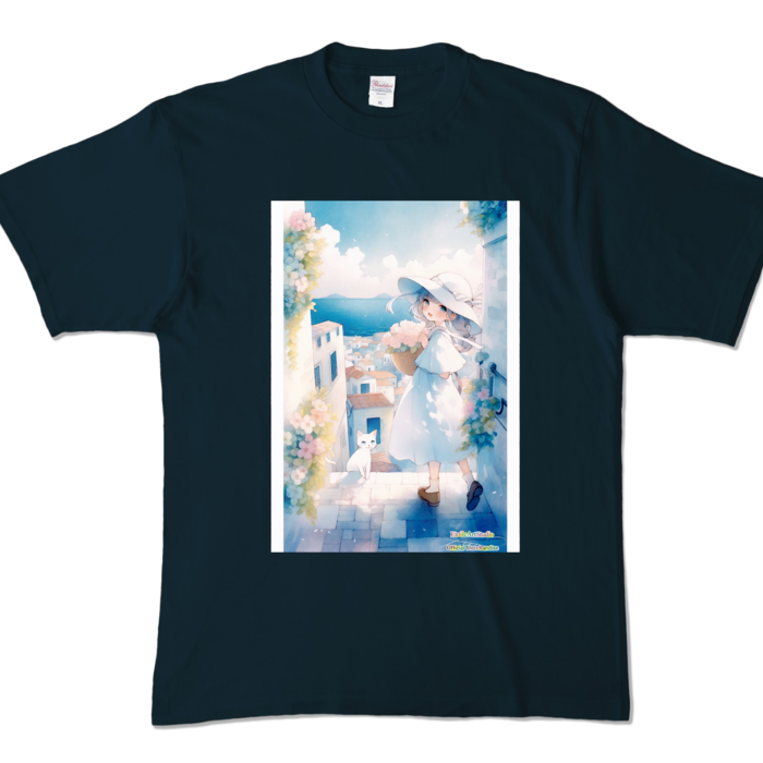 (両面プリント-枠有り) 「海辺の町で」カラーTシャツ - XL - ネイビー (濃色)