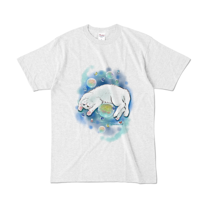 カラーTシャツ-水彩玉と白猫 - L - アッシュ (淡色)