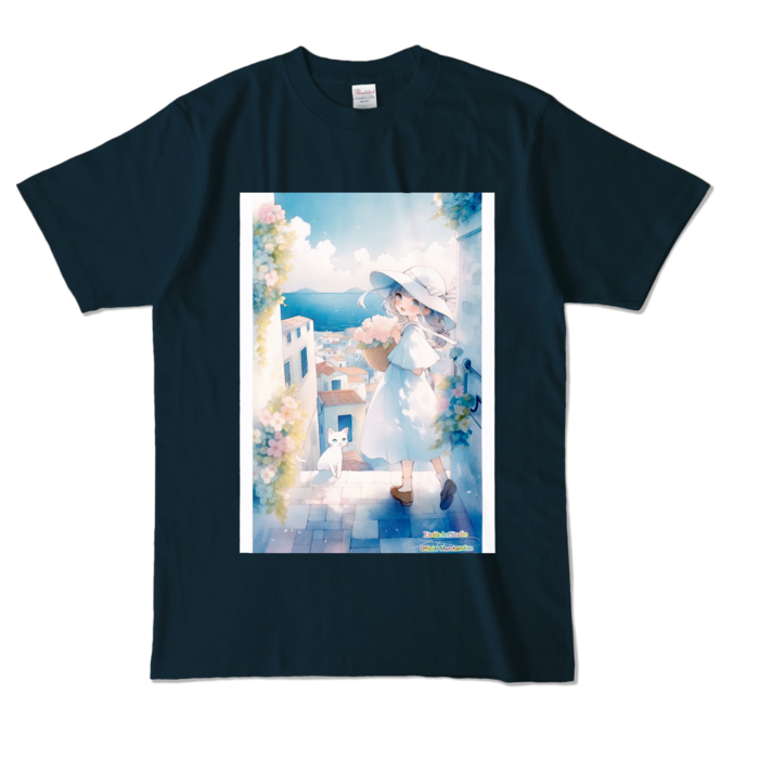 (前面プリント-枠有り) 「海辺の町で」カラーTシャツ - L - ネイビー (濃色)