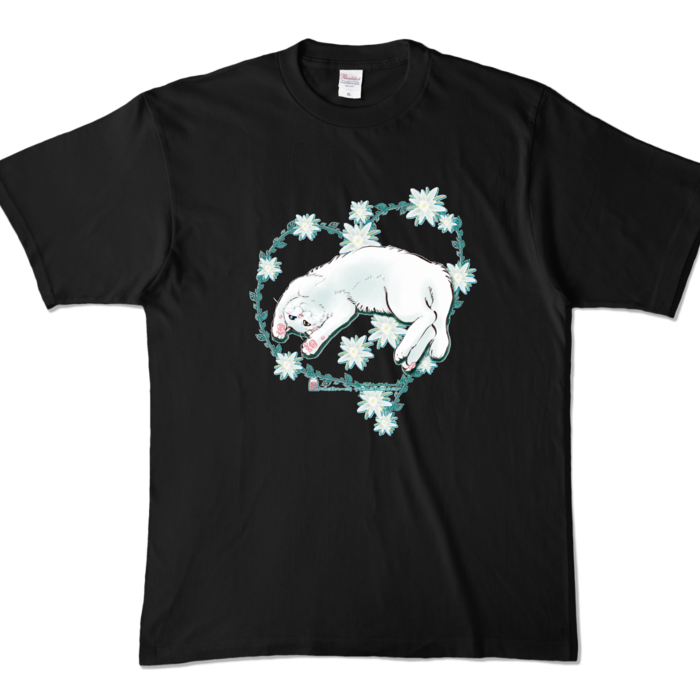 カラーTシャツ-花と蔓とゴロン白猫 - XL - ブラック (濃色)