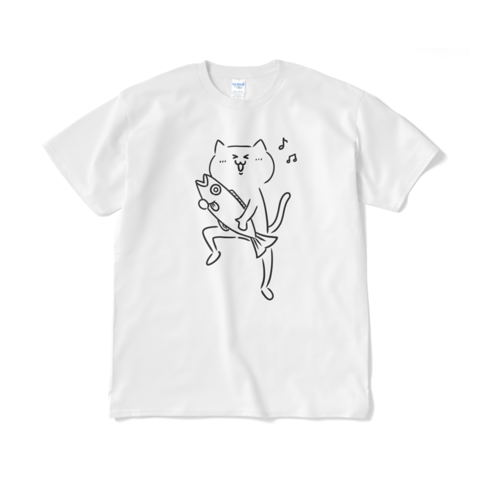 魚をゲットして嬉しい猫のTシャツ（短納期） - XL - ホワイト