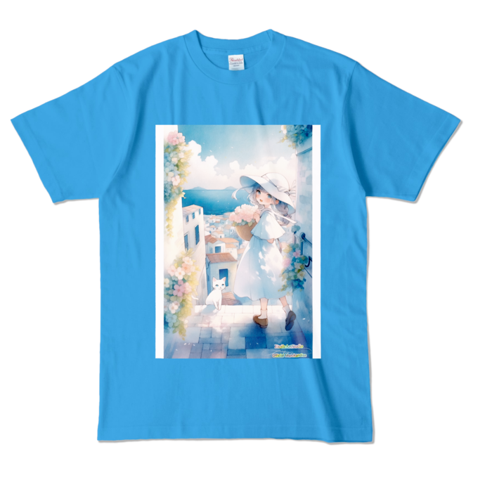 (両面プリント-枠有り) 「海辺の町で」カラーTシャツ - L - ターコイズ (濃色)